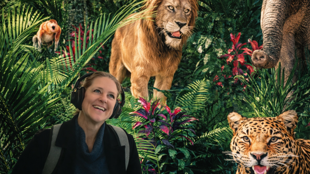 Messestand / Event / Berufsorientierung - Messestand für BOBY – Berufsorientierung Bayern Lächelnde Besucherin mit Kopfhörern vor einer Dschungelcollage mit Löwe, Leopard, Elefant und Nasenaffe