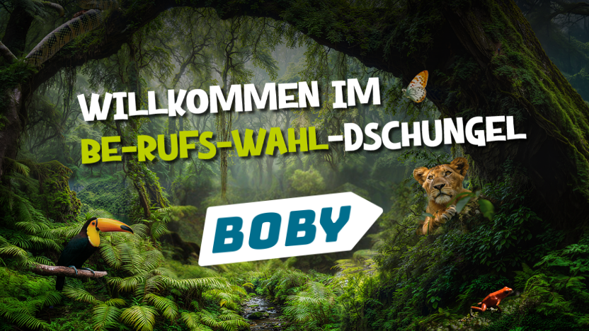 Key Visual Willkommen im BE-RUFS-WAHL-DSCHUNGEL mit Dschungel-Tieren und BOBY-Logo auf grünem Hintergrund