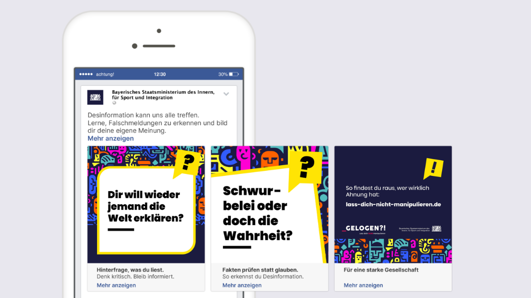 Facebook-Karussell-Anzeige der GELOGEN?!-Kampagne mit drei Motiven und Sponsored-Post auf Smartphone